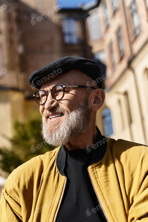 Preview: In a bustling urban environment, an elegant senior man embraces a sunny day.