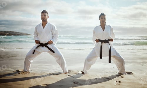 Preview: Ready for a fight. Full length shot of two young martial artists practicing karate on the beach.