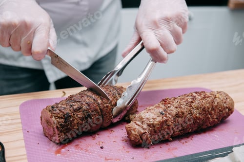 Preview: Cooking meat rolls in the cooking class. Beef roll with spices. The process of cutting a roll
