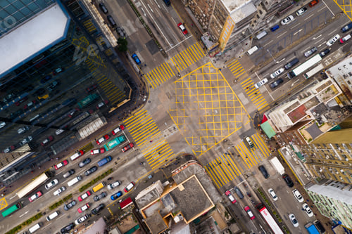 Preview: Sham Shui Po, Hong Kong 09 October 2019: Top down view of Hong Kong city traffic