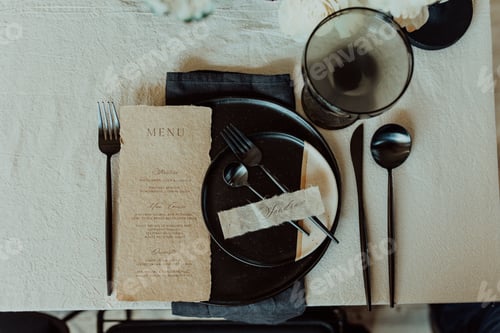 Preview: Elegant black table setting with menu and name card on white linen tablecloth