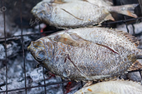 Preview: Baked fish on the grill with fire