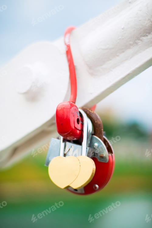 Preview: romantic padlock in heart shape on the bridge