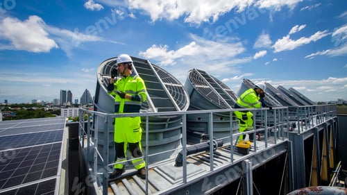 Preview: Workers conduct maintenance on rooftop solar panels during sunny afternoon in urban area