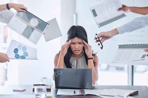 Preview: Stress, hands and business woman with headache from multitasking, workload and work pressure in off