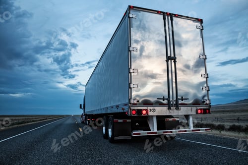 Preview: Rear view of the trailer on a Class 8 commercial truck on the highway.