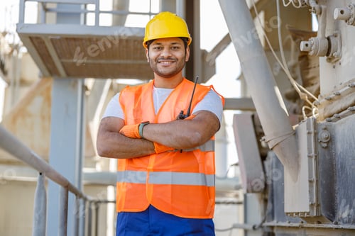 Preview: Smiling young construction engineer working in plant