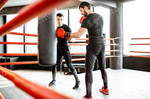 Vista previa: Hombres boxeando con saco de boxeo en el ring