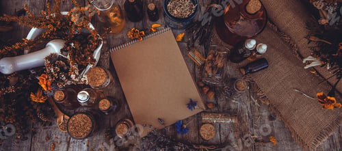 Preview: Medicinal herbs and tinctures homeopathy. Selective focus.