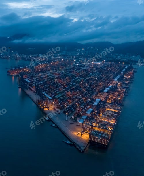 Preview: Aerial view of container terminal at night