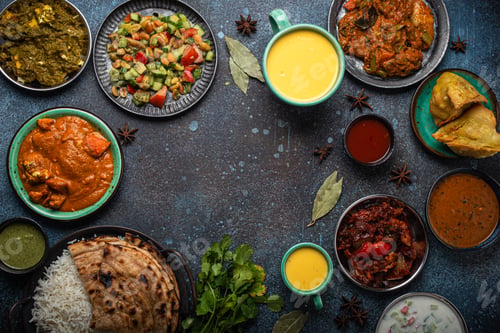 Preview: Indian ethnic food buffet on concrete table from above copy space