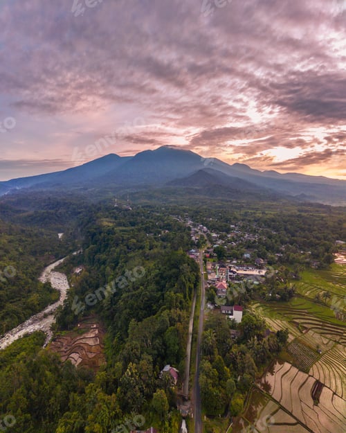 Preview: View of Indonesia in the morning, the atmosphere of a rice field village from an aerial photo