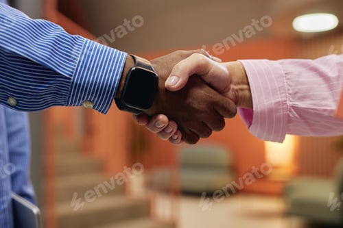 Preview: Female Recruiter Shaking Hands with Black Man Hiring Employee Indoors