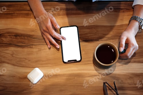 Preview: Close up of women's hands holding mobile phone with blank screen in cafe