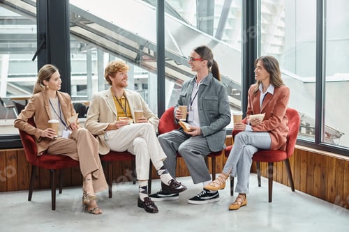 Preview: young teammates in business casual attire chatting and having lunch together, coworking concept