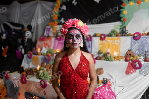 Preview: A young Hispanic woman dressed as a catrina is posing in front of an altar
