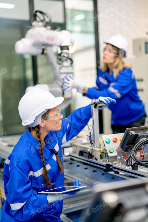 Preview: Two professional engineers or technician worker women help to check and maintenance robot