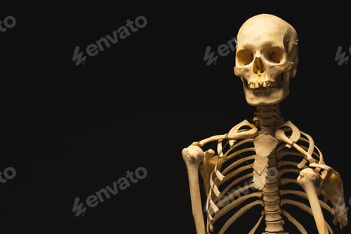 Preview: Plastic skeleton with copy space on black background