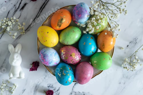 Preview: flat lay Easter celebration food still life, colorful painted eggs, easter bunny bunny and flowers