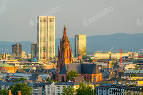 Preview: Frankfurt Cathedral and City at Sunrise. Aerial View. Hesse, Germany