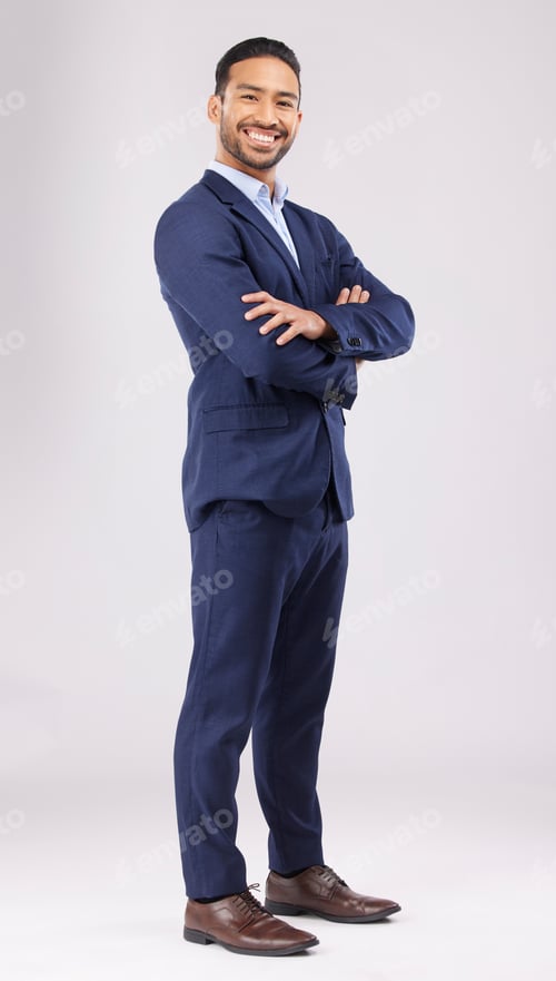 Preview: Portrait, business and asian man in studio with arms crossed for professional style of financial ad