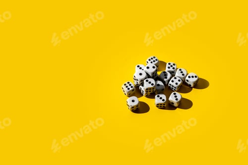 Preview: a top view of the color surface with bunch of random dice, abstract minimalist style with copy space