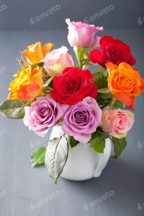 Preview: beautiful colorful rose flowers bouquet in vase