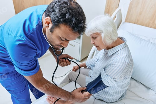 Preview: Doctor with stethoscope measures pressure of elderly woman patient using tonometer at hospital ward.