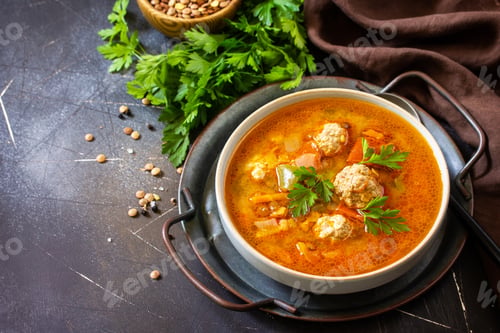 Preview: Tomato-lentil soup with meatballs and vegetables on a dark slate table top. Copy space.