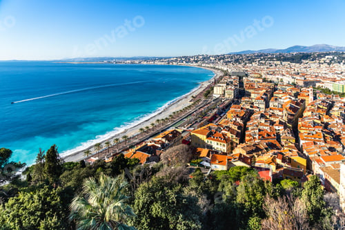 Preview: Scenic aerial view of Promenade des Anglais in Nice France with the sea on the left