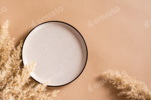 Preview: Beige empty ceramic plate surrounded by dry ears on a brown background. Eco concept. Top view.