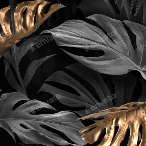 Preview: Gold and black Monstera Deliciosa leaves