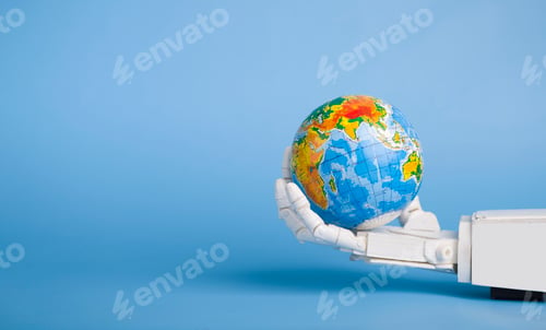 Preview: Earth globe in robotic hand, blue panorama background