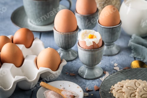 Preview: Breakfast with boiled eggs, cup of tea, milk and oat cookies
