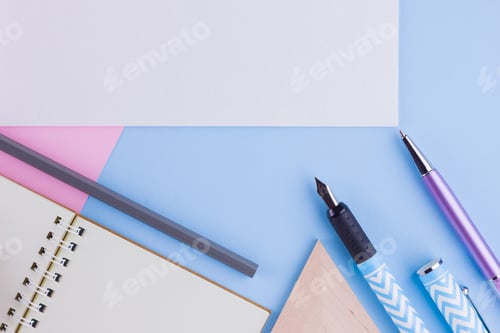 Preview: Back To School Concept. School Stationery And Seashell On Pink Blue Background. Pens, Pencil And