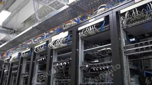 Preview: Row of bitcoin miners set up on the wired shelfs. Computer for Bitcoin mining. cables plug to