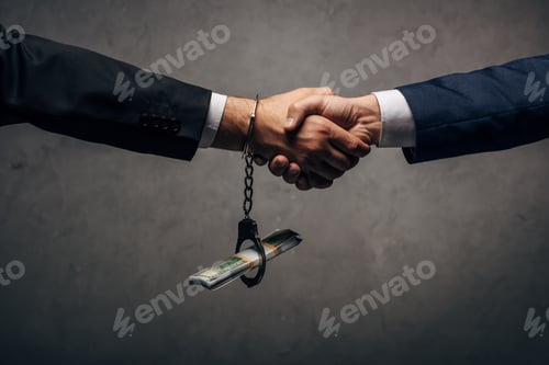 Preview: cropped view man in handcuffs shaking hands with business partner on grey