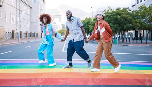 Preview: Lgbtq, people holding hands and rainbow on street, paint and community with gen z, happiness and fa