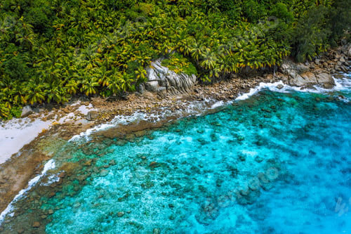 Preview: Aerial view of wild secluded lonely beach with rough granite rocks, white sand, palm trees in a