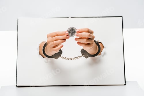 Preview: cropped shot of woman in handcuffs holding bitcoin through holes on white
