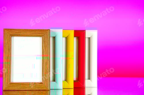 Preview: front view different picture frames with colored corners on the light pink background family memory