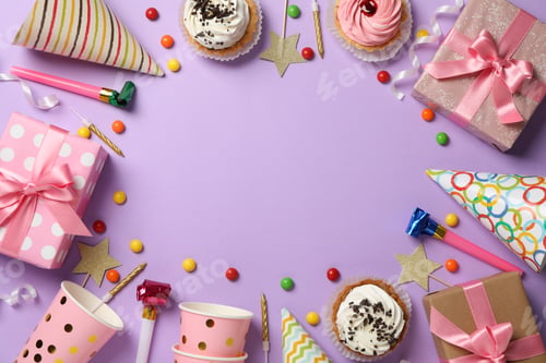 Preview: Composition with different birthday accessories on violet background, space for text