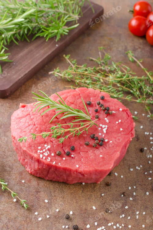 Fresh Raw Steak with Rosemary Ready for Cooking