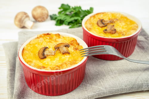 Preview: French Julienne casserole with chicken and mushroom in portion ramekin on white background
