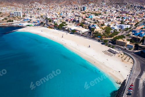 Preview: Aerial view of Laginha beach in Mindelo city in Sao Vicente Island in Cape Verde