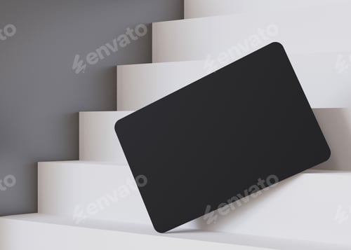 Preview: Stylish black business card mockup on a cascading white staircase, perfect for a bold and modern