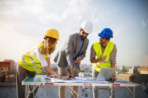 Preview: Architects, business manager and engineer meeting project at building site