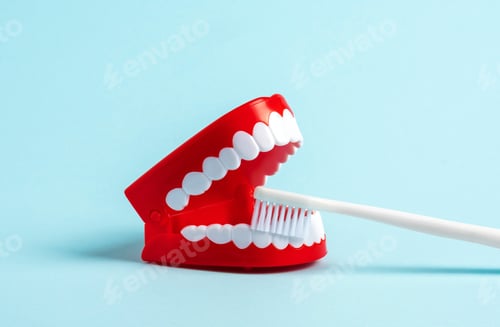 Preview: Model of human jaw with toothbrush on blue background.