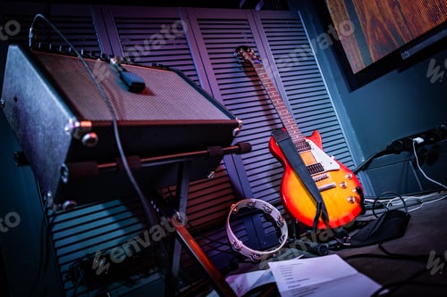 Preview: Musical instruments and equipment on stage before the concert.