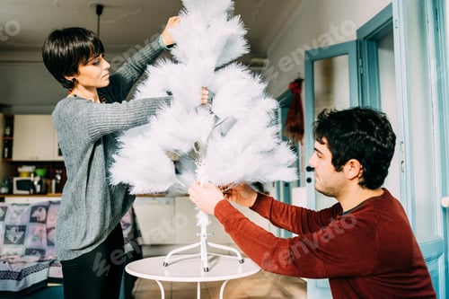 Preview: Young couple at home decorating xmas tree